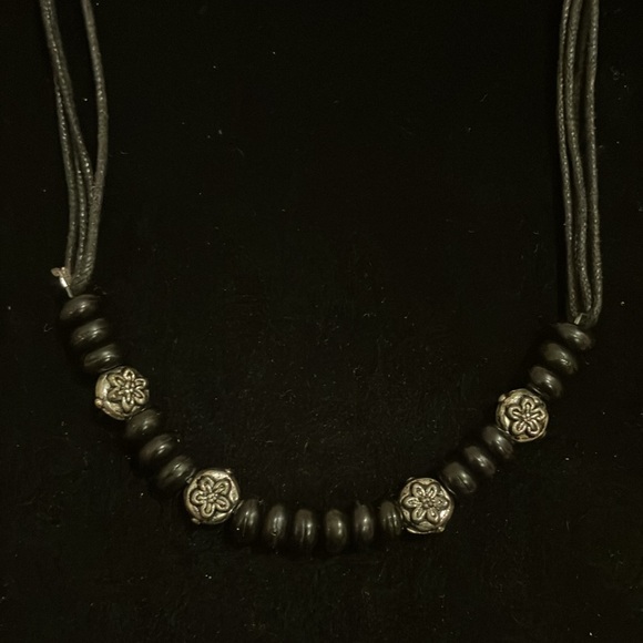 Multi Strand Black Cord Necklace with Silver Floral Beads Boho Chic Edgy - Picture 2 of 4